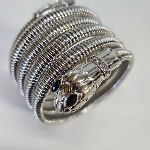 Unique Snake Wrap Around Coil Silver-Tone Rhinestone Bracelet - Picture 4 of 7